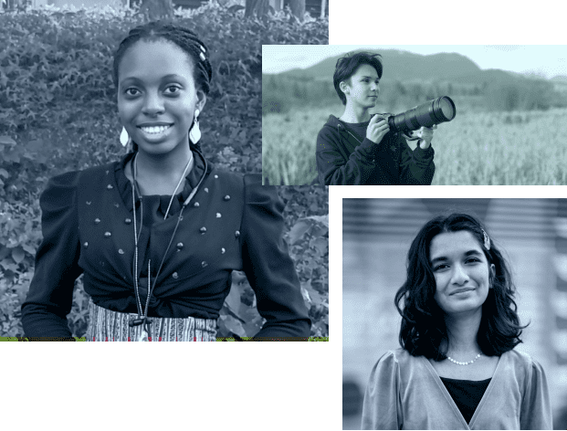 A collage of three images: a headshot of Asher Segun-Olasanmi smiling at camera, an image of Adam Dhalla holding camera with nature in the background, and a headshot of Meera Dasgupta smiling at camera.